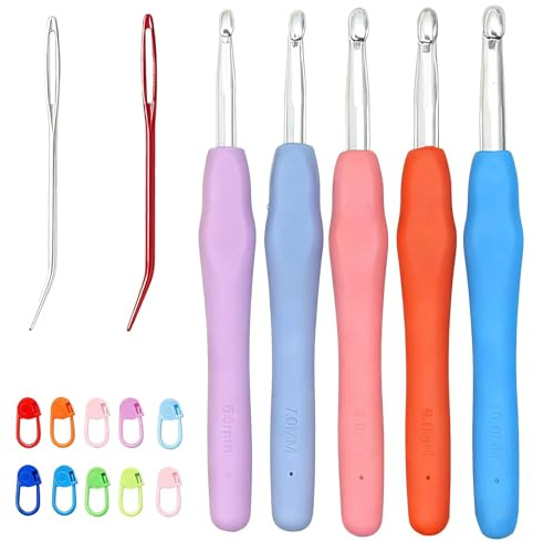 Aihoom 17 pcs Agujas de Ganchillo, Kit de Tejido Incluye Marcadores de Puntos, Ideal para Crochet, Herramientas de Tejido para Principiantes y Expertos (6,5 mm 7,0 mm 8,0 mm 9,0 mm 10,0 mm)