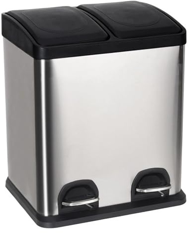 30L Dual Compartment Recycling Pedal Bin – Stainless Steel Kitchen Waste & Recycling Bin with Soft-Close Lid (2×15L Compartments) (2x15L)