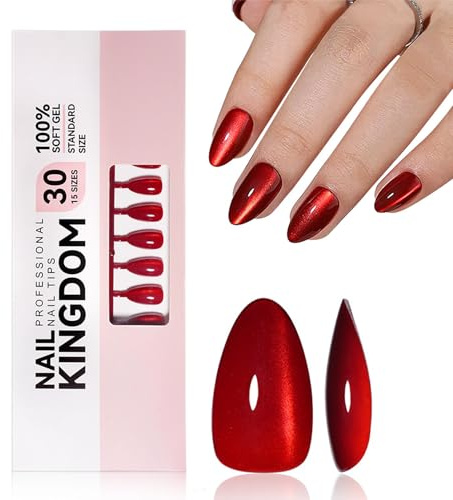 32 Stück Rote Cat Eye Press-on-Nägel in Mandel-Form | 16 Größen Cat Eye Glitzer Kurze Künstliche Nägel, Maniküre-Set mit Kleber & Gel-Tabs,Nagelfeile inklusive,Langanhaltend&Natürlich wie echte Nägel