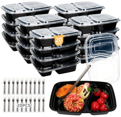 WRENYZK 20 Pack BPA-Free Reusable 2 Compartment Meal Prep Containers | Food Containers with Lids, Bento Lunch Boxes with 20 Reusable Forks, Food Boxes for Microwavable Freezer Dishwasher Safe