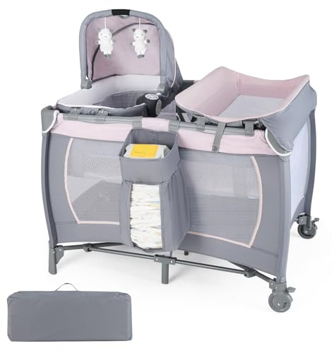 LIFEZEAL Cuna de Viaje 5 en 1 para Bebé, con Cambiador, Colchón, Bolsa de Transporte, Ruedas y Caja de Música, para Niños hasta 36 Meses, Gris Claro y Rosa