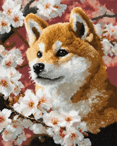 AYAOYANGGO Hunde Tiere Kreuzstich Set Shiba Inu Und Blumen Diy-Kreuzstich-Sets Für Erwachsene Mit Nadeln，Scheren-Einfädler，Vordruck Für Die Wanddekoration Zu Hause 11CT 30x40cm