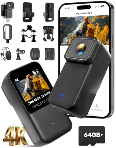 NNYYMH Neu Action Cam 4K/2K/1080P mit 64GB SD Karte &1,47 Zoll Display, Bodycam Körperkamera mini Magnetische Wasserdicht 30M & 180 Min Akku for Dashcam Fahrrad, Vlog, Ski, POV Kamera
