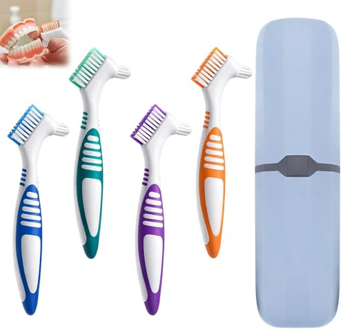 ikBrtaiay 4 Cepillos Protesis Ferula Dental para Dentaduras Postizas, Cepillo Ferula para Dentaduras (4 Colores) con 1 Estuche Portátil, Cepillo Ortodoncia Brackets para Cuidado de Dentaduras Postizas