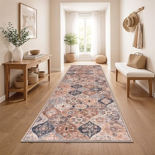 Paco Home Vintage Teppich Läufer Kurzflor Boho Stil Waschbar & rutschfest pflegeleicht modernes Retro Design, Farbe:Beige 1, Größe:80x300 cm