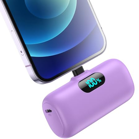 Mini Cargador Portátil para iPhone, [Upgraded] 5000mAh Power Bank PD 15W Pequeña y Ligera Batería Externa, Powerbank Doble Salida con Pantalla LED Compatible con iPhone 14/13/12/11/XS/8 (Morado)