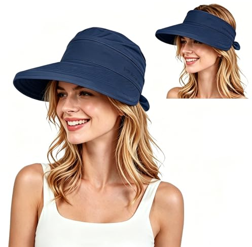 AMOturuxient Sun Hats for Women UK, 2 in 1 Sun Visor with Detachable Top, Wide Brim Hat Women, Foldable Adjustable Fit Ponytail Friendly Beach Hat for Travel Hiking Outdoor