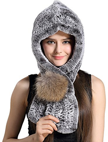 BeFur Neue Echte Rex Kaninchen Fellmütze Fell Schal Kapuze Kapuzenschal Plüschmütze Wintermütze mit großen Waschbär Kugel - color 1