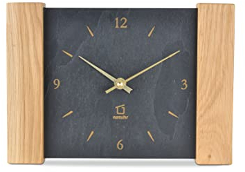 Natuhr Tischuhr Holz Eiche Schiefer Wanduhr Dachstein auch Wandmontage Funkuhrwerk (Schwarz/Eiche geölt - Funk)