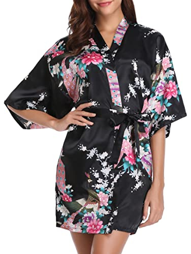 Vlazom Kimono Japonais Femme Mariage Satin Court Peignoir Bride Paon kimono Mariage Peignoir Bridesmaid Chemise de Nuit,M,Noir