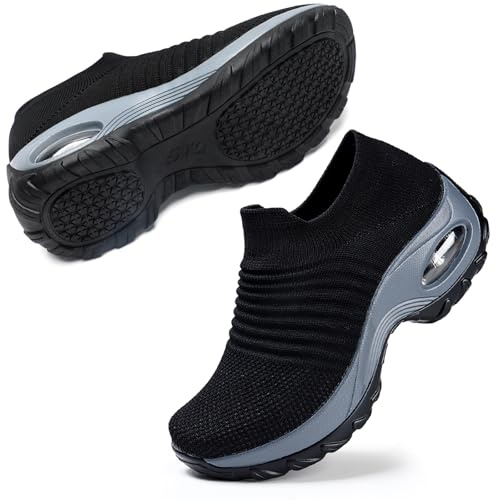 STQ Womens Slip On Platform Tennis Sneaker Wide Fit Platform Wedge Shoes Comfortable Flexible Casual Shoes , Black , 6 UK