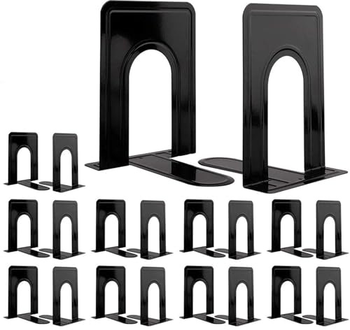 Jekkis 20pcs Metal Bookends for Shelves, 6.6x 5.7x 5 Black Heavy Duty Book Ends for Nonskid Bookend Supports Plain Large Bookends, Library Office Home, 10 Pair