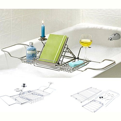 Vassoio Vasca da Bagno, Mensola Allungabile, Vassoio Portaoggetti da Vasca Regolabile, per Libri, Tablet, Bicchiere di Vino porta Asciugamani, Cromo, 61-85 x 8,5 x 20 cm
