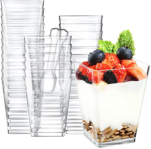 Eupako 100 Pack 5 oz Square Clear Plastic Dessert Cups with Spoons Small Clear Plastic Tumbler Cups Great for Desserts, Appetizers, Puddings, Mousse, Parfait