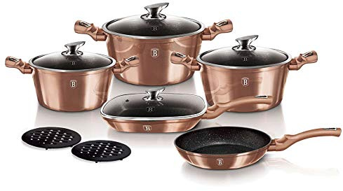 Berlinger BH-6191 Haus Rose Gold Kochtopf Set Induktion 11-Teiliges, Antihaft PFOA-frei Marmor, Aluminium, Set 3 Töpfe, 4 Glasdeckel, 1 Grillpfannen, 1 Bratpfannen, 2 Untersetzer, Design Metallic Line