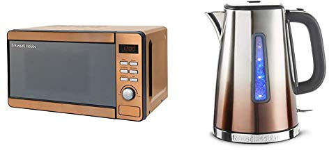 Russell Hobbs RHMD804CP Copper Digital Microwave, Steel/Plastic/Glass & 25113 Eclipse Polished Stainless Steel and Copper Sunset Ombre Electric Kettle, 3000 W, 1.7 Litre