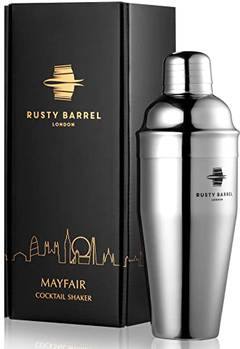 Rusty Barrel Mayfair Cocktail Shaker - Large 750ml Manhattan Style Stainless Steel Shaker With Built-in Strainer & Cocktail Recipe Booklet - Presented in a Gift Box | Beautiful Cocktail Gift Set