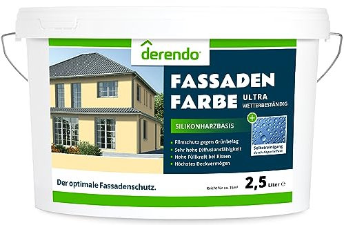 derendo Silikonharz Fassadenfarbe Gelb ULTRA Wetterschutz Sandgelb 2.5 l aussen Fassade Silikonharzfarbe mit Abperleffekt Lotus Blatt Fassadenschutz Schmutzabweisende Silikonharzbeschichtung