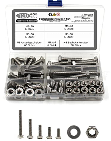 120 teiliges Set aus Sechskantschrauben DIN 933 + Sechskantmutter DIN 934 und Unterlegscheibe DIN 125 Edelstahl Größe M8