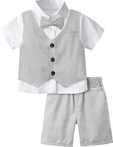 mintgreen Skjortset för bebis pojke kostym smoking dop skjorta och väst och shorts, Ljusgrå, 3-4 år