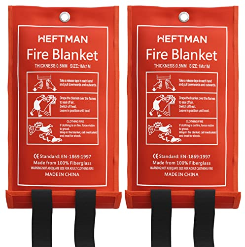 HEFTMAN Fire Blankets 2 Pack - Large Fiberglass Fire Blanket in Red Case with Flame-Retardant Cotton Handles, Fire Blanket for Caravan, Kitchen, Home & Office Emergencies - 1 m x 1 m (Pack of 2)