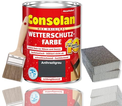 Consolan Wetterschutzfarbe Set 750 ml Holzfarbe Dauerschutz Deckend mit Zubehör (Anthrazitgrau)