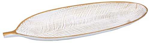 Diko.style® - Deko Tablett in Blattform | Schlüsselschale für Heimdekoration | Dekoration für Wohnzimmer und Esszimmer | Holztablett 40x15x2,5cm (Weiß)