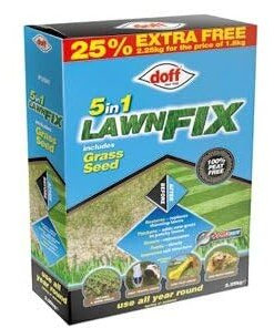 Doff 5 in 1 Lawn Fix & Grass Seed – 2.25kg Procoat Lawn Treatment for Gardens – Slow Release Fertiliser & Coated Seed to Restore & Thickens Green Grass - Year-Round Growth & Bird-Resistant