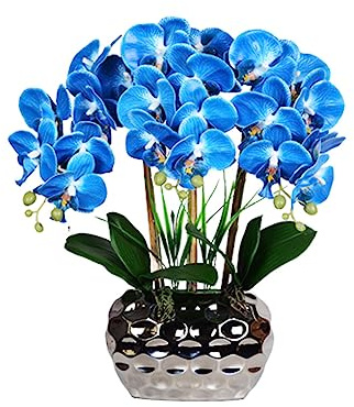 HOJIOESRD Grande bonsai di orchidea artificiale con vaso realistico Phalaenopsis Real Touch Composizioni di piante finte Ornamenti per soggiorno, Blu