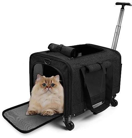 ALLSOPETS Haustierträger mit Rädern für Katzen und Hunde Luftfahrt Zugelassen mit Ausziehbarem Griff Abnehmbaren Rädern und Schultergurt Tragbare Tasche für kleine Tiere Dunkelgrau