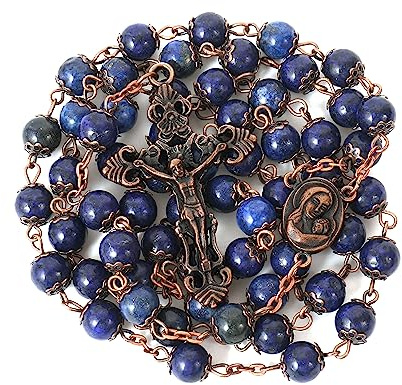 Nazareth Store Rosenkranz im Vintage-Design, Natursteinperlen, 8 mm, Halskette mit Heiliger Erde, Medaille und Kreuz, Kruzifix, religiöse Rosenkränze