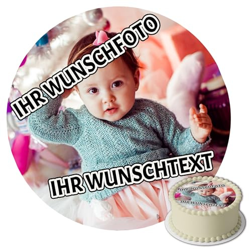 J&M DECO Personalisiert Tortenaufleger – essbares Tortenbild mit Foto & Text – Ø 20 cm Kuchenaufleger aus Zuckerpapier – individuelle Tortendeko für Geburtstag, Motto-Party, Kinderfeier