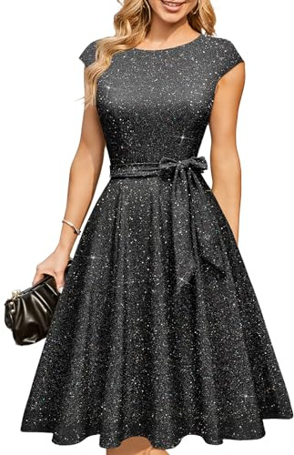 DRESSTELLS Women Sequin Formal Party Cocktail Dresses for Wedding Guest, Sparkly Fancy Aline Prom Tea Length Fit Flare Evening Gown Glitter Black L