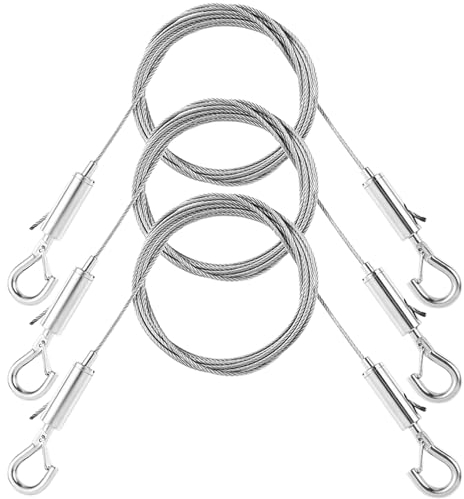 MaehSab Lot de 3 câbles de suspension réglables en acier inoxydable pour suspendre des photos, 20,4 kg, 2 m x 1,5 mm avec anneau en D, pour accrocher un miroir, une photo, une lampe lumineuse