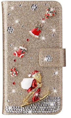 Handyhülle für Samsung Galaxy S24, Glitzer Diamant Hülle Weihnachten Leder TPU Bumper Klapphülle Magnetverschluss Kartenfach Ständer Geldbörse mit Trageband Hülle für Samsung Galaxy S24, Golden