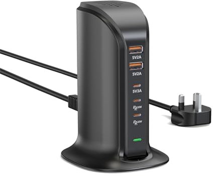 Qurzou 55W USB C Charger - Multi Port USB Charging Station, 5-Port Charger Tower for iPhone 14/15 Series, Samsung, iPad (Black 55W)
