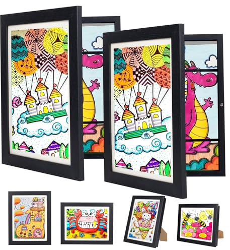 wesellcan 2 Stück Bilderrahmen Kinderzeichnungen A4,Bilderrahmen Aufklappbar für Kinderbilder,Frontöffnung Phoframe für Kunstwerke,Kunstprojekte,mit Aufbewahrung,Tief zum Befüllen(Schwarz)