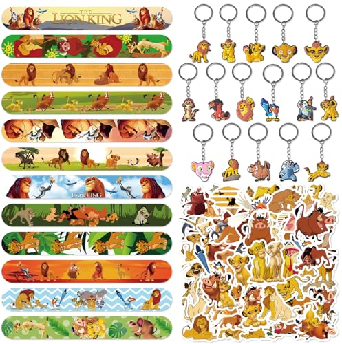 Gxhong 78 Stück König der Löwen Mitgebsel Geburtstag, The Lio Party Mitgebsel Set, 12 Schnapparmbänder, 16 Schlüsselanhänger, 50 Aufkleber, Dschungel Safari Party Zubehör, für Kinder Jungen Mädche