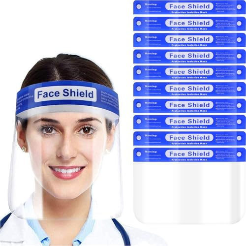 EYEGLASSTOR 10 Pcs Face Shield Mask, Anti-Fog Clear Full Face Protection Shield, Reusable Plastic PPE Face Protection with Elastic Headband for Dental, Healthcare Workers & Daily Use