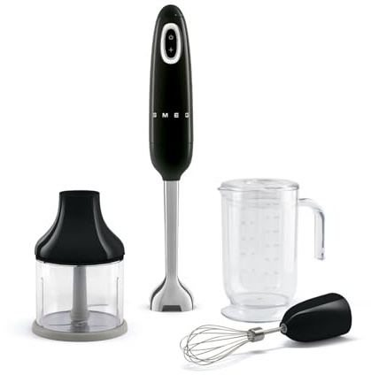 Smeg, Stabmixer HBF03BLEU, Turbo-Funktion und Flowblend-Schneidesystem, mit Rutschfestem Griff, integrierter Kabelaufwicklung, Inklusive Zubehör, 700W Leistung, Schwarz