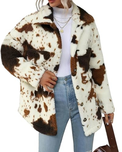 HBER Giacca casual da donna in pelliccia sintetica alla moda a maniche lunghe con bottoni stampa mucca autunno inverno sciolto cappotti in pelliccia Sherpa con tasche