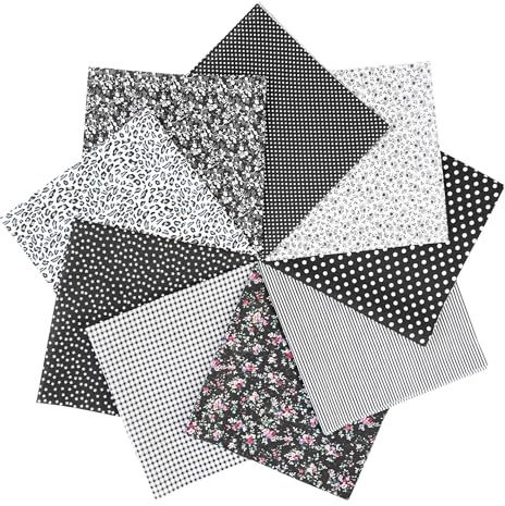 SYSUII 9 stycken bomullstyg 25 x 25 cm lapptäcke gör-det-själv tygpaket lapptäcke tyger för sömnad quiltning olika mönster fyrkantiga bomullshanddukar för kläder, sängkläder, gardiner, dukar – svart