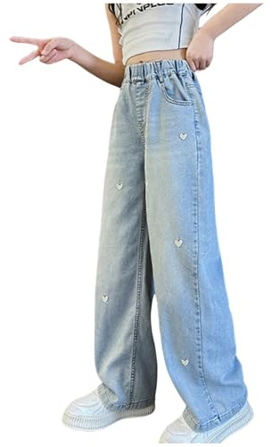 Jeans Kids Girls Age 4-14 Years Denim Trendy Loose Fit Trousers Teen Girls Waist Tightener Elastic Comfy Stretchy Winter Spring Casual Vacation Pants (Blue, 13-14 Years)