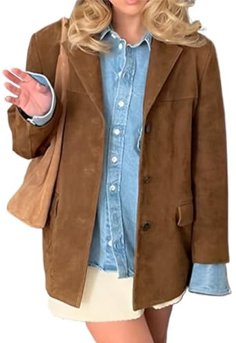 ORANDESIGNE Wildlederjacke Damen Wildleder Blazer Winter Mantel Revers Veloursleder-Blazer Langarm Oversized Jacke Braun A Braun XL