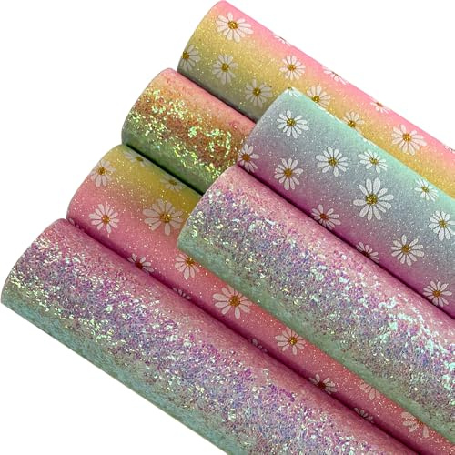 6 Stück Glitzer-Stoff 21 x 30CM Chunky Glitter Lederblätter für Schleife DIY, Entworfen für Basteln, Nähen, DIY Handwerk Projekte Bastelarbeiten, Schleifen, Ohrringe (Regenbogen & Blumen)