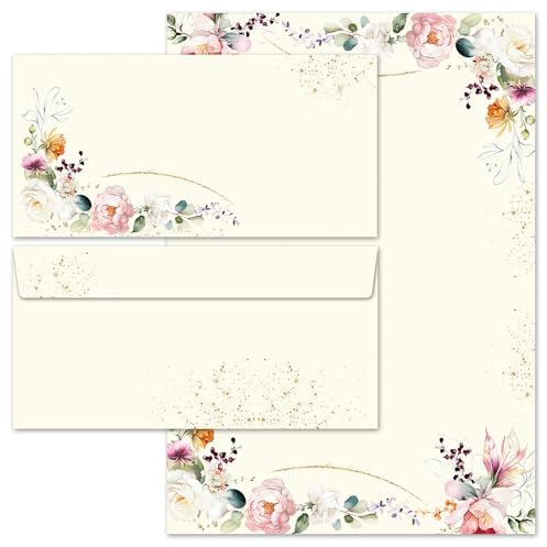 Briefpapier Set, 20 tlg. TROPISCHE BLUMEN, 10 Blatt Briefpapier + 10 passende Briefumschläge ohne Fenster, DIN A4 & DIN LANG im Set., Briefpapier mit Umschlag