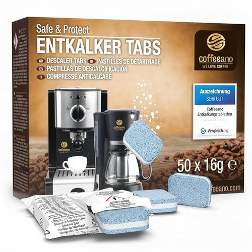 Pastillas descalcificadoras 2 en 1 para cafeteras automáticas y cafeteras. Pastillas descalcificadoras 2 en 1 para Siemens, EQ, Jura, Delonghi, Krups, Bosch, Miele, WMF, etc. Coffeeano.