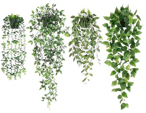 WEELOO Artificial Hanging Plants Fake Hanging Flowers, Small Fake Potted Plants Vine Indoor Vine Growing Decoration for Home Bathroom Garden Wedding Wall Cabinet Office Decoration Outdoor