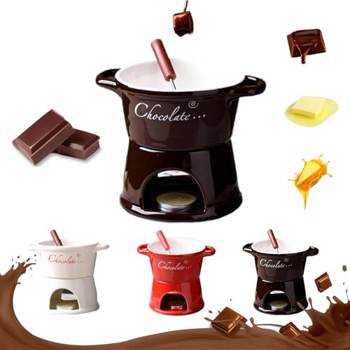 Sweet Fondue Cup, Chocolate Fondue Melt Mug Warmer with Fork, Ceramic Nostalgia Cheese Fondue Pot for Melting Chocolate, Cheese, Caramel Mini Fondue Set for Camping, Office, Family Gathering (Coffee)