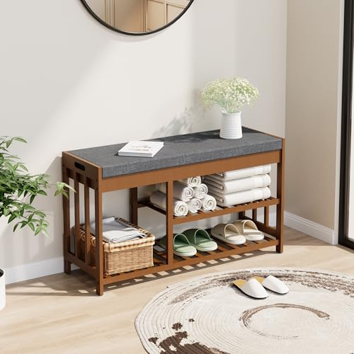 Shoe Rack Bench for Entryway, Bamboo Shoe Storage Bench with Cushion | Flip-Top Cushioned Seat with Hidden Storage | Mixed-Height Wooden Shoe Rack for Boots | Hallway, Bedroom & Front Door